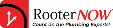 RooterNOW logo with tagline 'Count on the Plumbing Experts' and an arrow symbol on a red and white background.