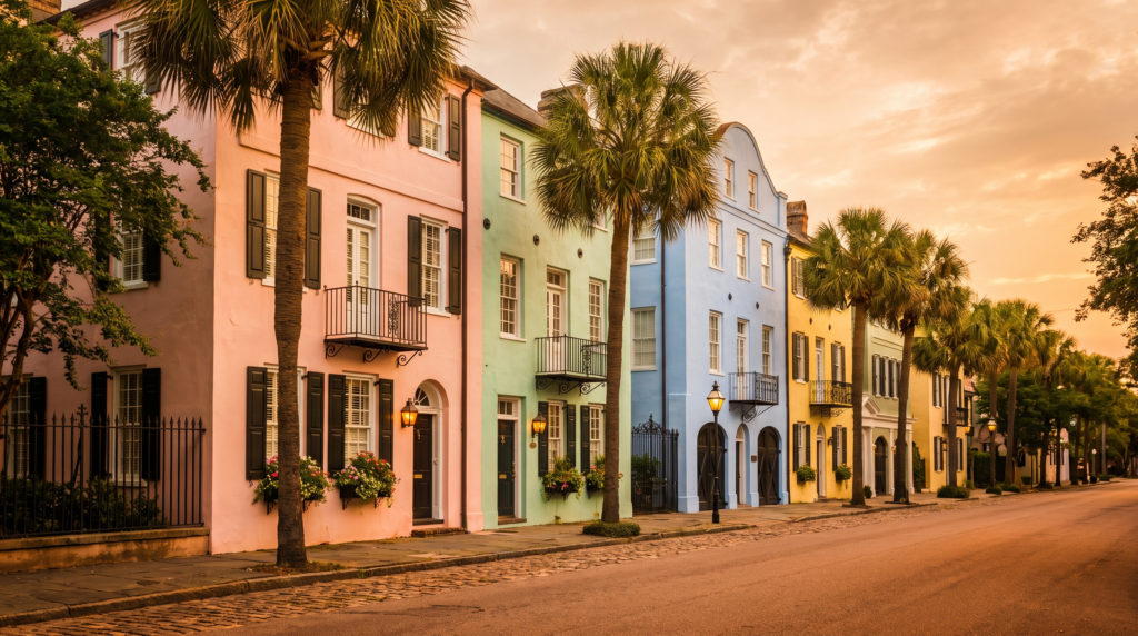 Pastel historic single houses on a cobblestone street in downtown Charleston, SC