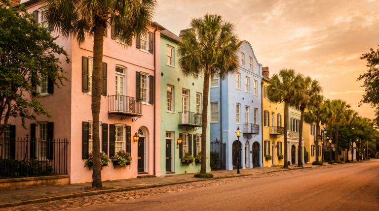 Pastel historic single houses on a cobblestone street in downtown Charleston, SC