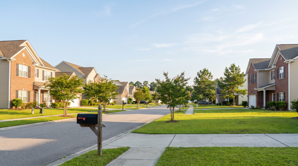 Quiet residential street of newer homes in Goose Creek, South Carolina