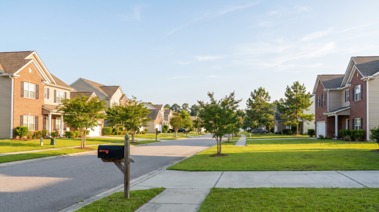 Quiet residential street of newer homes in Goose Creek, South Carolina