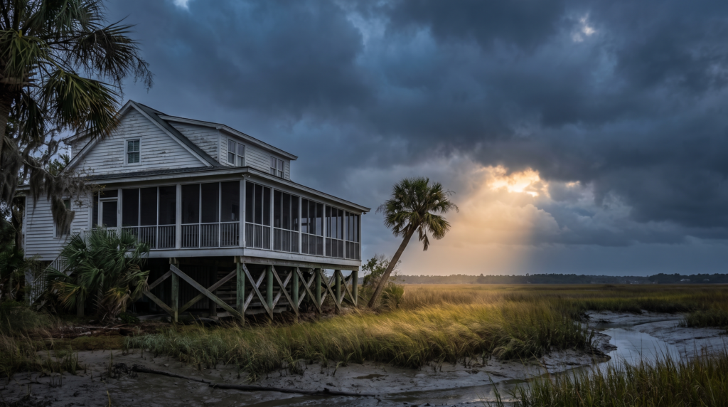 Hurricane storm clouds gathering over a raised Lowcountry home near Charleston, SC