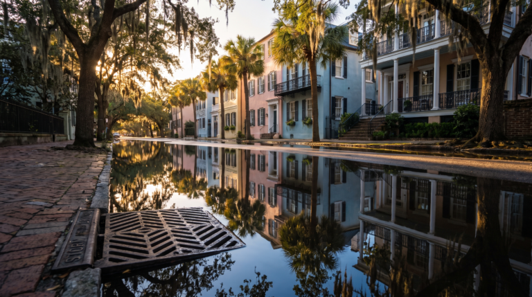 King tide floodwater covering a historic downtown Charleston street and storm drain