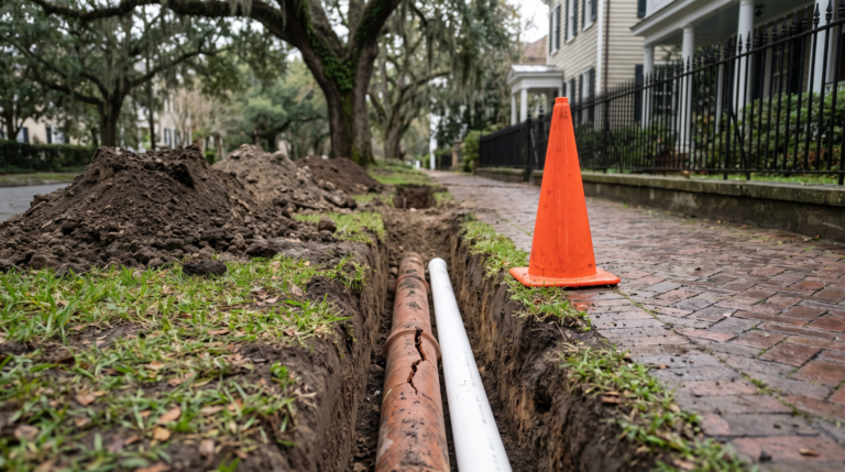 Open trench exposing an old clay sewer lateral beside new PVC pipe in a Charleston yard