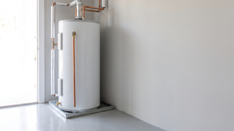 Tank water heater with copper supply lines and drain pan in a Charleston, SC home